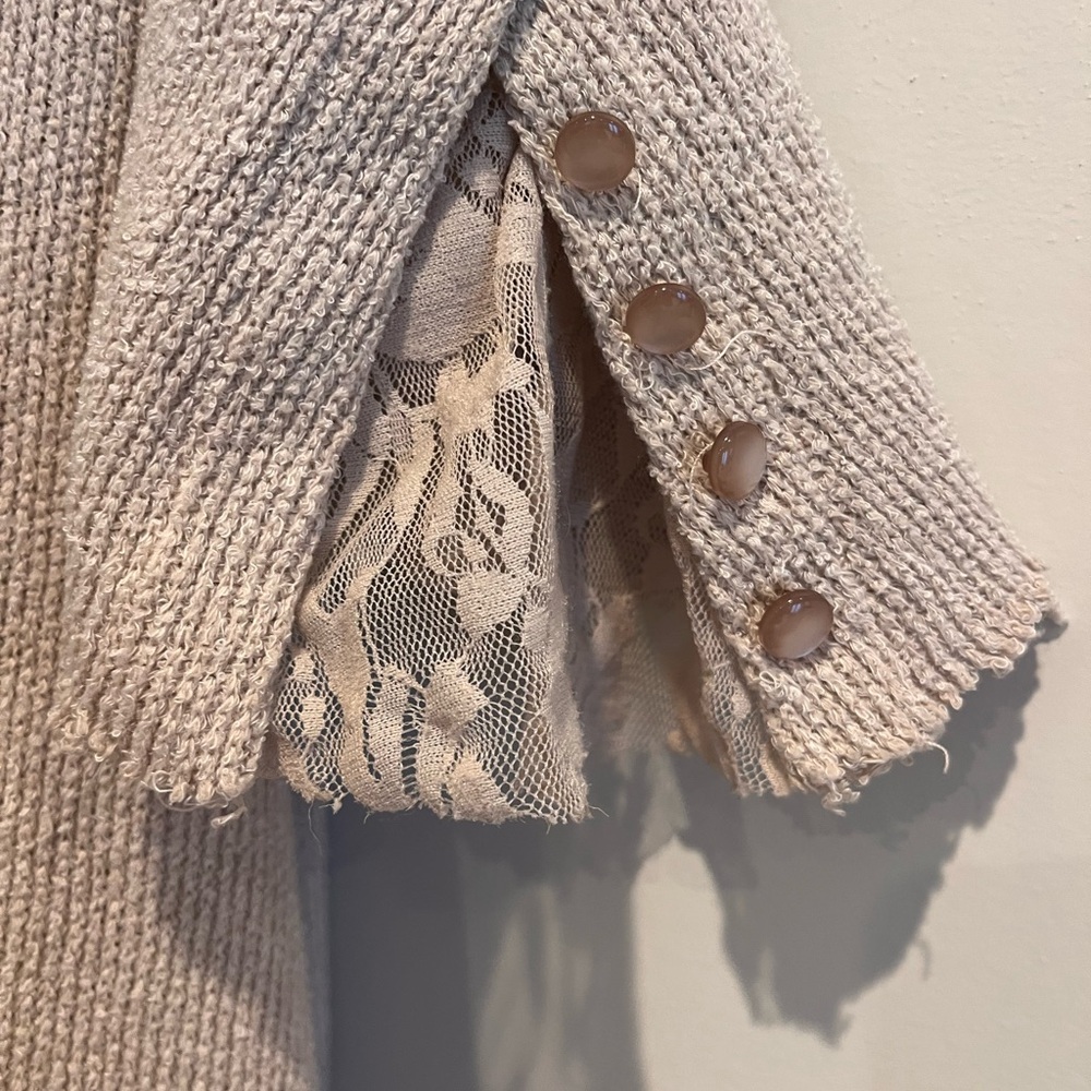Beige Tan Taupe Long Cardigan Sweater XL Linda Anderson Boho Distressed Lace - Picture 2 of 10